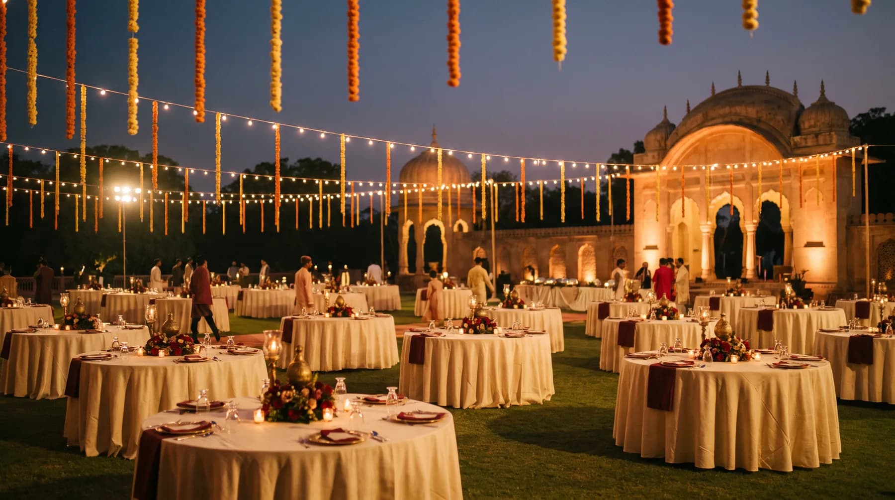 Guests at a night lawn dinner